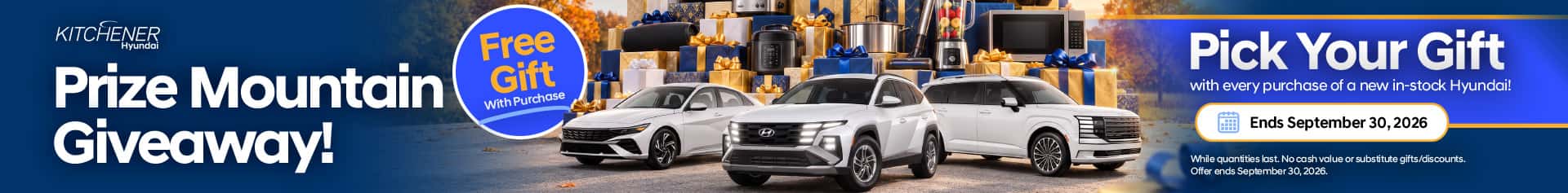Prize Mountain Giveaway September 16-30, 2026 Pick your gift with every purchase of a new in-stock Hyundai!